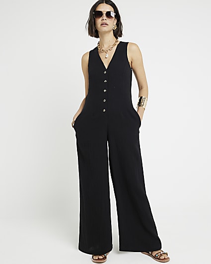 Black textured button through jumpsuit