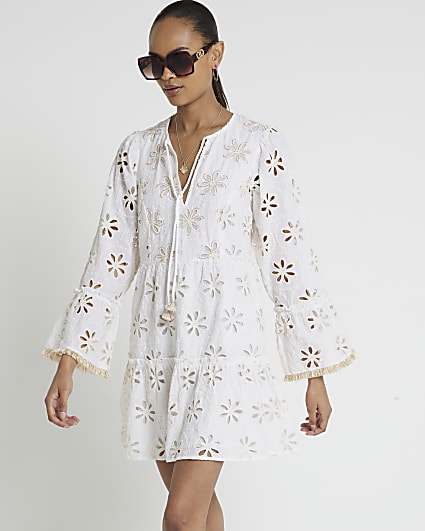 Cream broderie smock mini dress