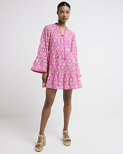 Pink broderie smock mini dress