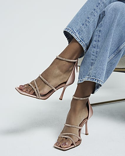 Beige embellished strap heeled sandals