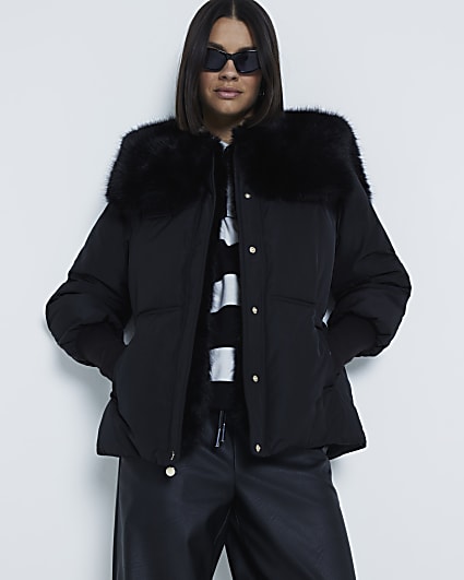 Black Faux Fur Collar Padded Jacket