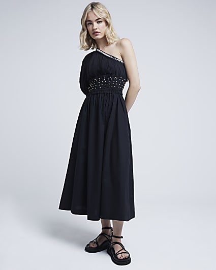 Black one shoulder beaded midi dress