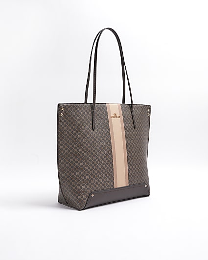 Brown RI monogram stripe shopper bag