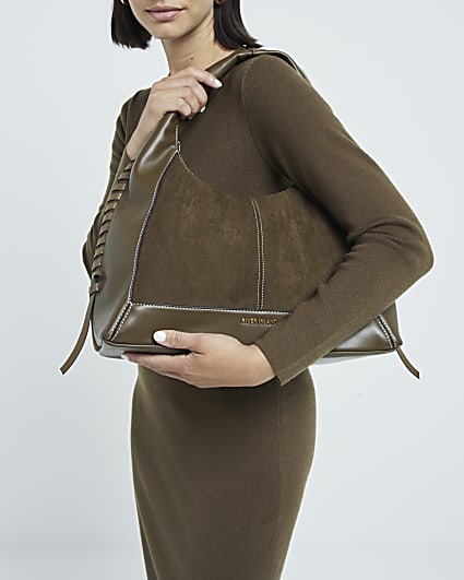 Khaki Whipstitch Slouch Tote Bag