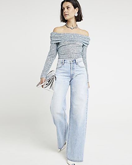 Blue sequin off the shoulder top