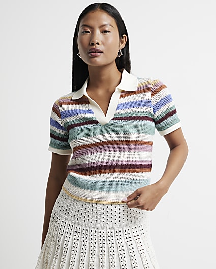 Petite Multi colour stripe polo t-shirt