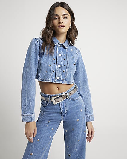 Blue eyelet detail cropped denim jacket