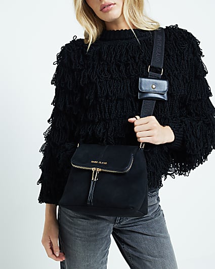 Black Suedette Zip Messenger Cross Body Bag