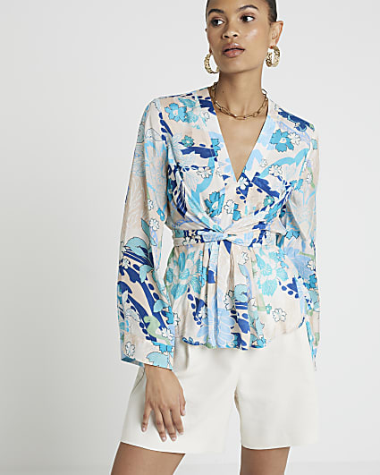 Blue floral tie front blouse