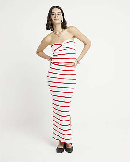 Red Ribbed Stripe Midi Skirt