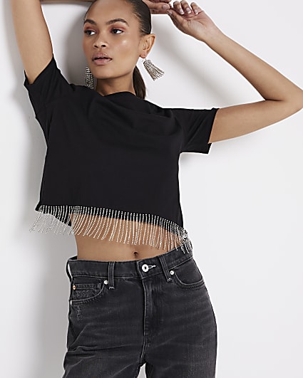 Black Embellished Fringe Trim T-Shirt