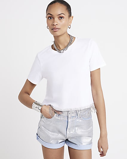 White Embellished Fringe Trim T-Shirt