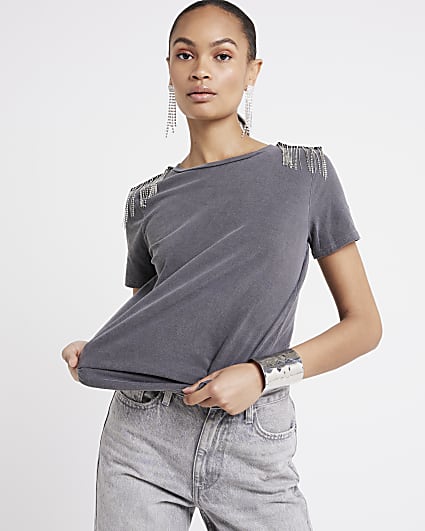 Black washed diamante embellished t-shirt