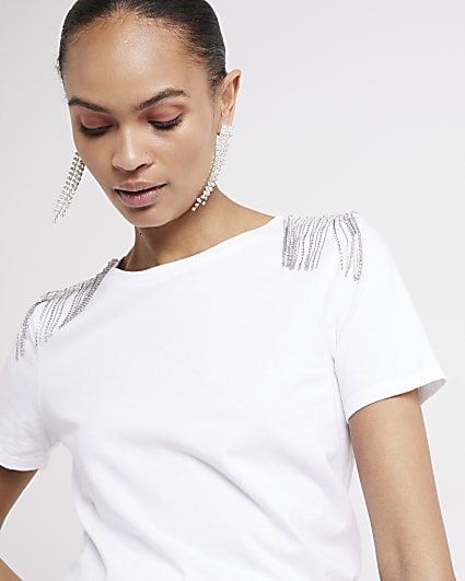 White Diamante Embellished T-shirt