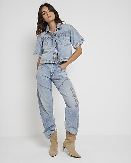 Blue Denim Relaxed Straight embroidered jeans