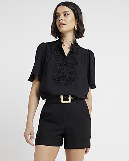 Black embroidered floral blouse