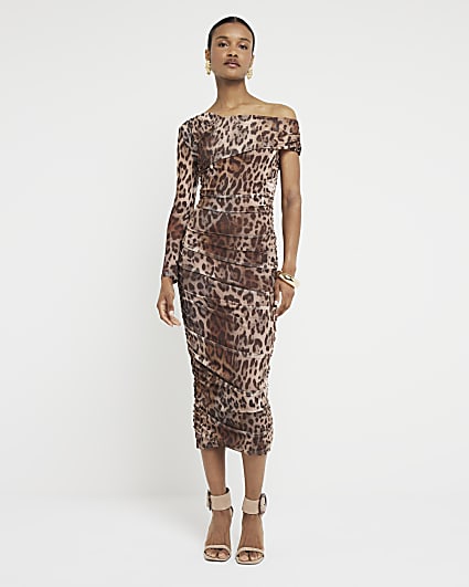 Brown leopard print ruched bodycon midi dress