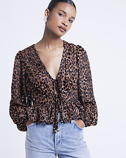 Brown leopard print tie front blouse