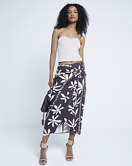 Brown floral wrap midi skirt