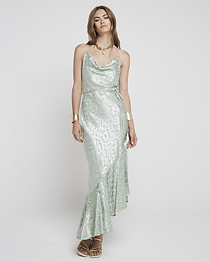 Green jacquard asymmetric slip maxi dress