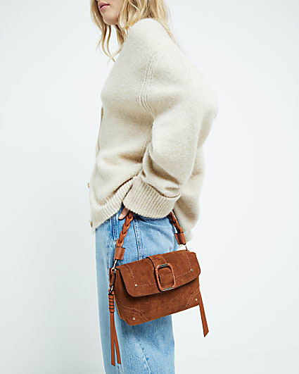 Brown Buckle Suedette Shoulder Bag