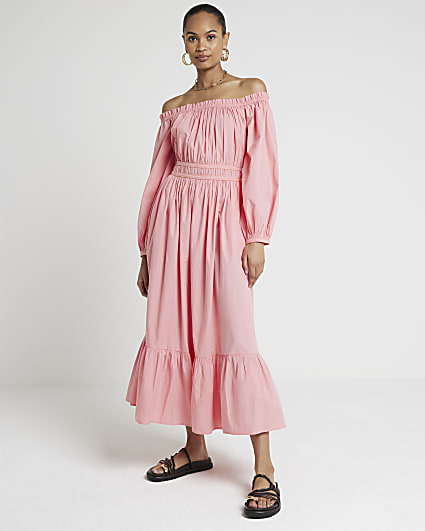 Pink ruched bardot midi dress