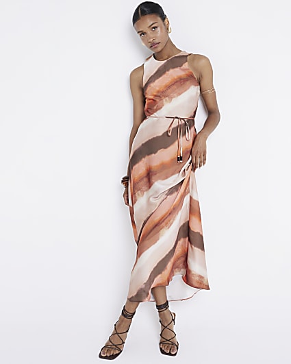 Rust satin stripe belted slip maxi dress