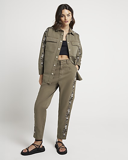 Khaki Embellished Chino Trousers