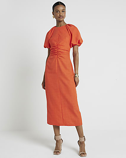 Coral puffed sleeves ruched midi dress