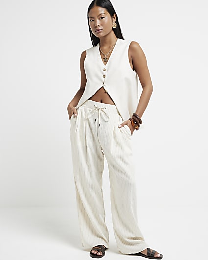 Petite Cream Wide Leg Stripe Trousers