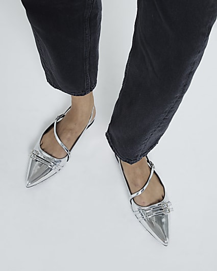 Silver Sling Back flat Buckle Ballet Flats