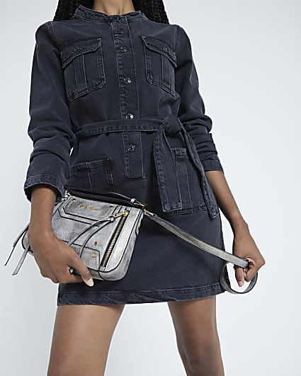 Silver Panelled Zip cross body bag