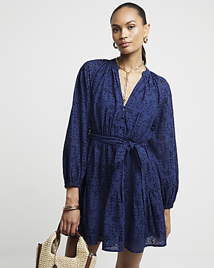 Navy Broderie Belted Mini Shirt Dress