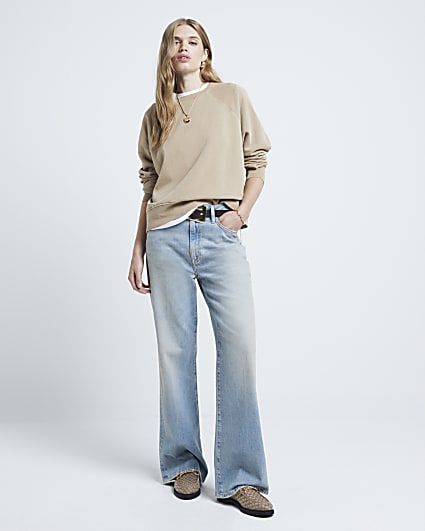 Beige seamed plain sweatshirt