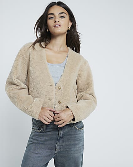 Beige Buttoned Faux Shearling Cardigan