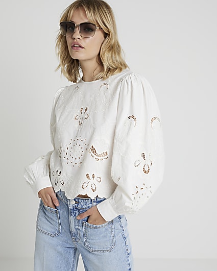 White floral broderie blouse