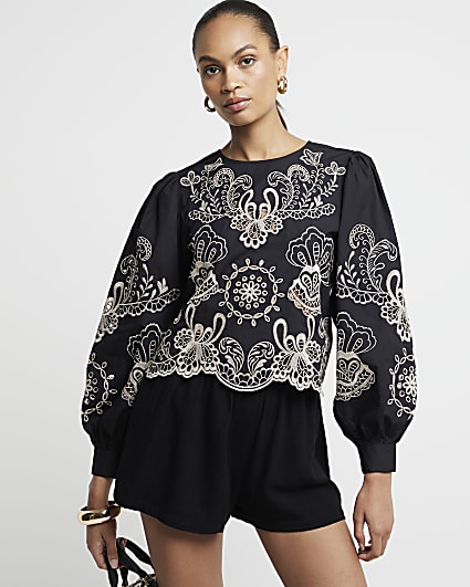 Black Floral Broderie Blouse