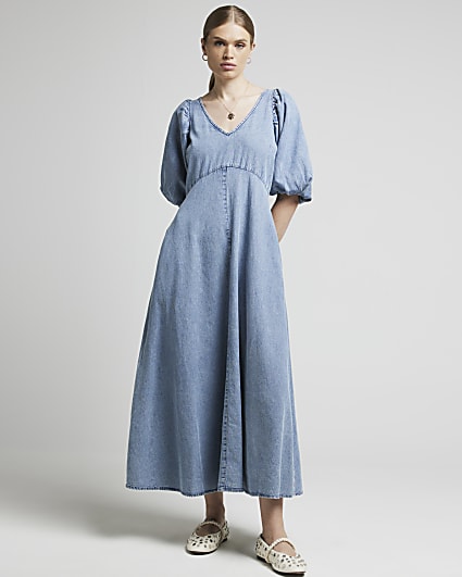 Blue denim puff sleeve smock midi dress