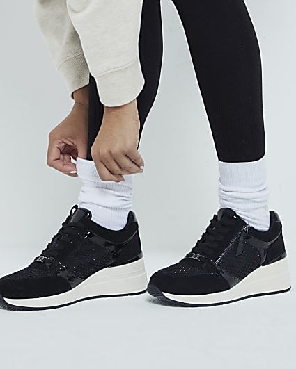 Black mesh panel zip wedge trainers