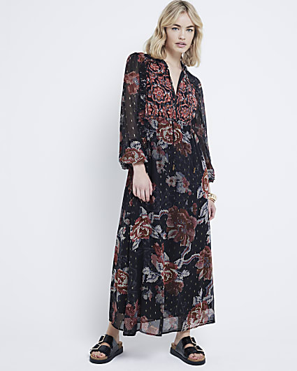 Black chiffon floral smock midi dress