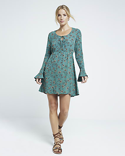 Green floral swing mini dress