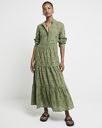 Khaki broderie tiered midi shirt dress