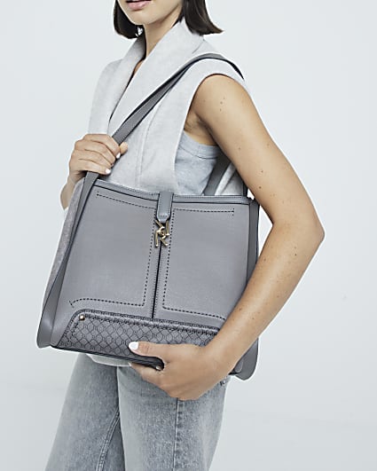 Grey suedette embossed RI monogram tote bag