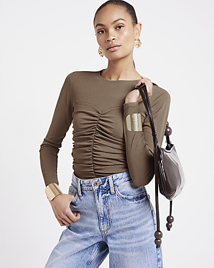 Brown mesh ruched long sleeve top