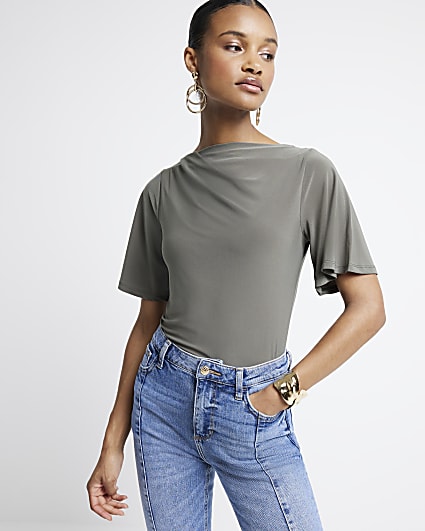 Khaki drape plain t-shirt