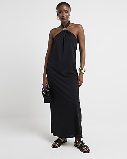 Black halter shift maxi dress