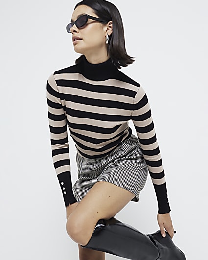 Brown Roll Neck Striped Long Sleeve Knit Top