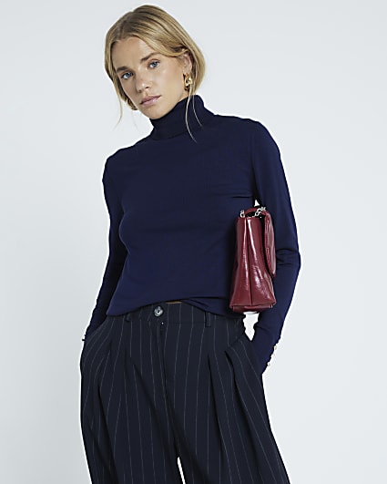 Navy Roll Neck Top