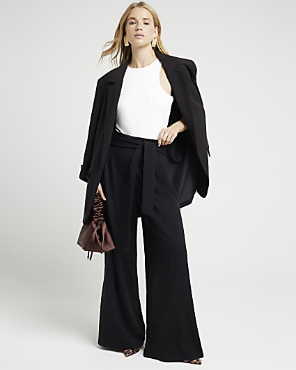 Black belted wide leg trousers