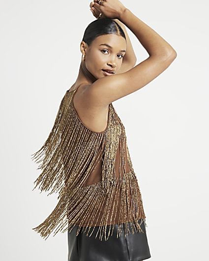 Brown Beaded Layered Cami Top